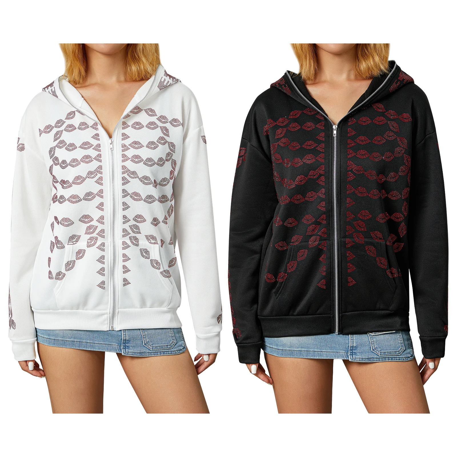 Women Casual Zip Up Hoodie, Skeleton Rhinestones Hooded Long Sleeve Over-Head Full-Zipper Sweatshirt, Black/White
Women Casual Zip Up Hoodie, Skeleton Rhinestones Hooded Long Sleeve Over-Head Full-Zipper Sweatshirt, Black/White