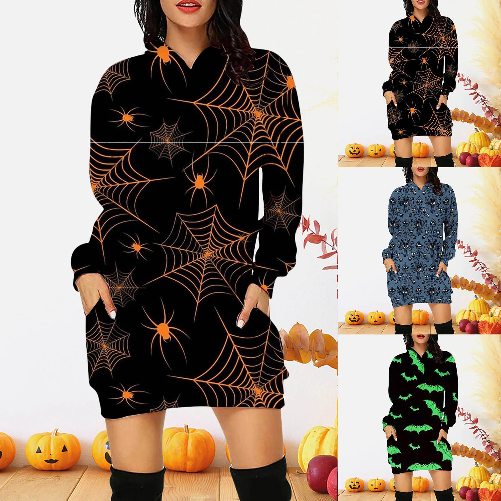 Womens Long Sleeve Hooded Pockets Pullover Halloween Print Hoodie Dress Tunic Sweatshirt Spring Long Dresses for Women
Womens Long Sleeve Hooded Pockets Pullover Halloween Print Hoodie Dress Tunic Sweatshirt Spring Long Dresses for Women