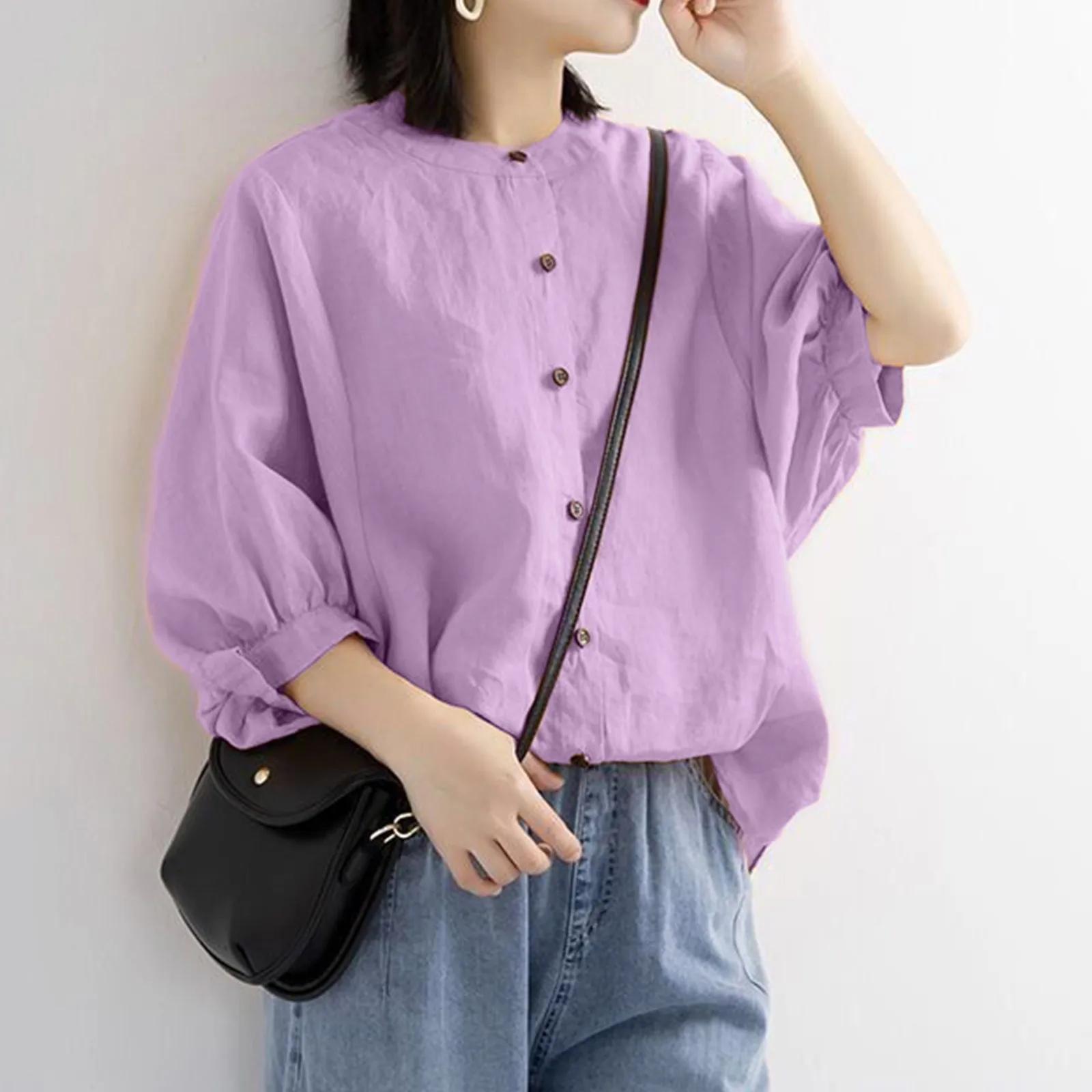 Korean Women Linen Top Shirt Summer Solid Purple Loose Blouse Three Quarter Female Button Shirts
Korean Women Linen Top Shirt Summer Solid Purple Loose Blouse Three Quarter Female Button Shirts