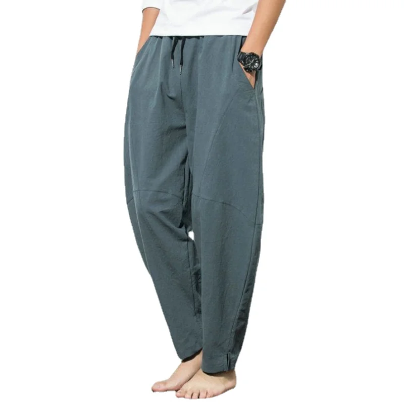 

Pantalones bombachos de algodón y lino para hombre, pantalón holgado informal de Color sólido, estilo chino, talla grande
