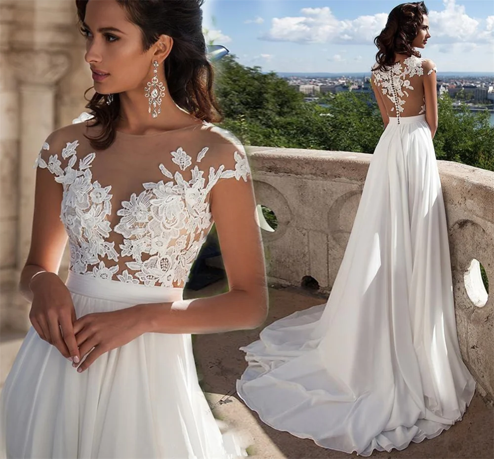 Chiffon Boat Neck Applique A-Line Sheer Back Cap Sleeve Sweep Train Wedding Dress Bride Gown Vestidos De Novia robe mariée
Chiffon Boat Neck Applique A-Line Sheer Back Cap Sleeve Sweep Train Wedding Dress Bride Gown Vestidos De Novia robe mariée