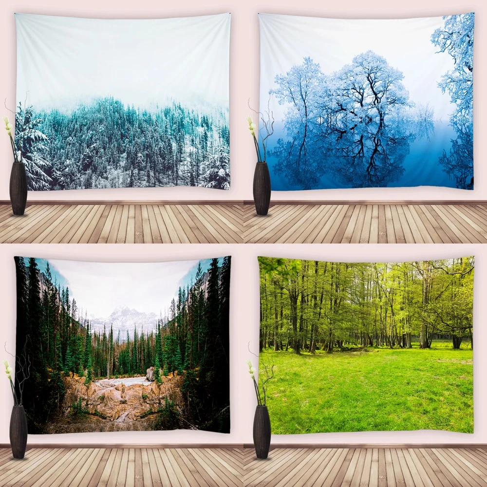 

Natural Forest Landscape Tapestry Wall Hanging Psychedelic Scene Snow Pine Tree Art Tapestries Decor Bedroom Yoga Mattress Sheet