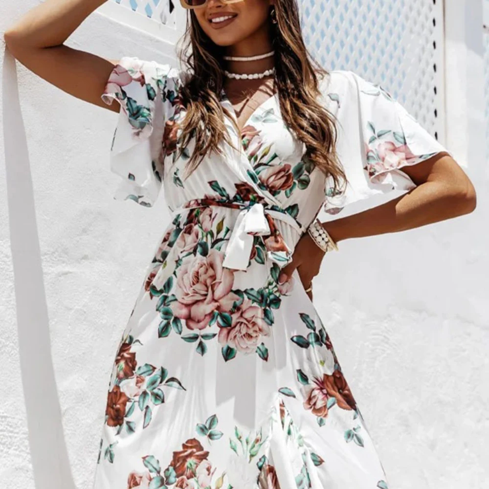 Summer Short Sleeve Belted Women Long Dress Lady Fashion Floral Print Boho Dress New Wrap V Neck Ruffle Irregular Party Dress
Summer Short Sleeve Belted Women Long Dress Lady Fashion Floral Print Boho Dress New Wrap V Neck Ruffle Irregular Party Dress