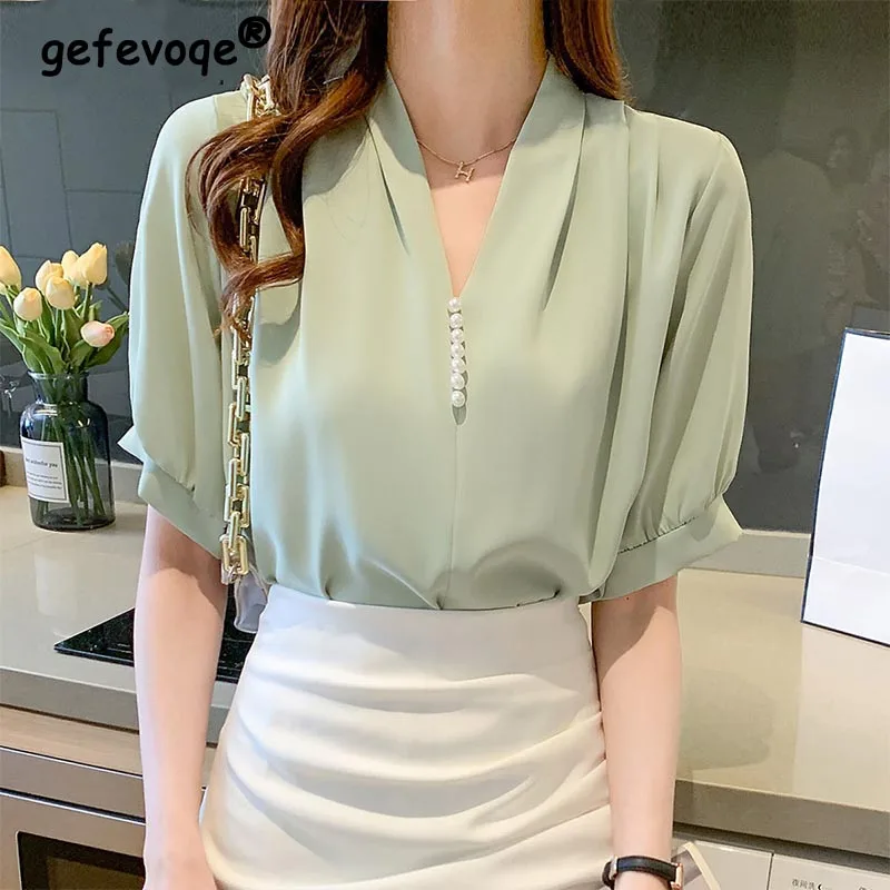 Summer New Women's Clothing Elegant Commuting Short Sleeve Chiffon Shirts V-neck Short Sleeve Solid Office Lady Pullover Blouses
Summer New Women's Clothing Elegant Commuting Short Sleeve Chiffon Shirts V-neck Short Sleeve Solid Office Lady Pullover Blouses