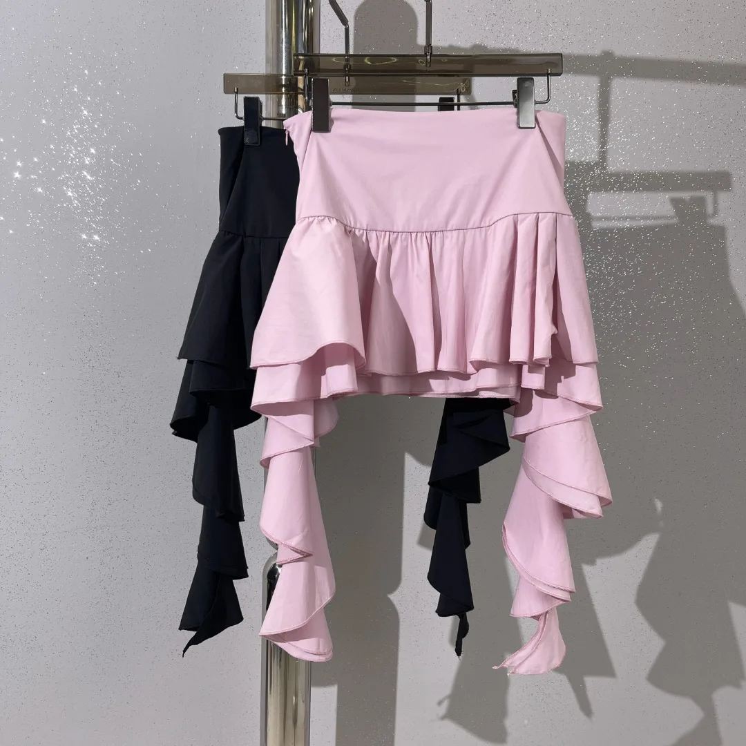 

Tiered ruffle asymmetric hem Women's skirt fashion sexy y2k draped slim umbrella hem pink mini half-body skirt 2023 summer new