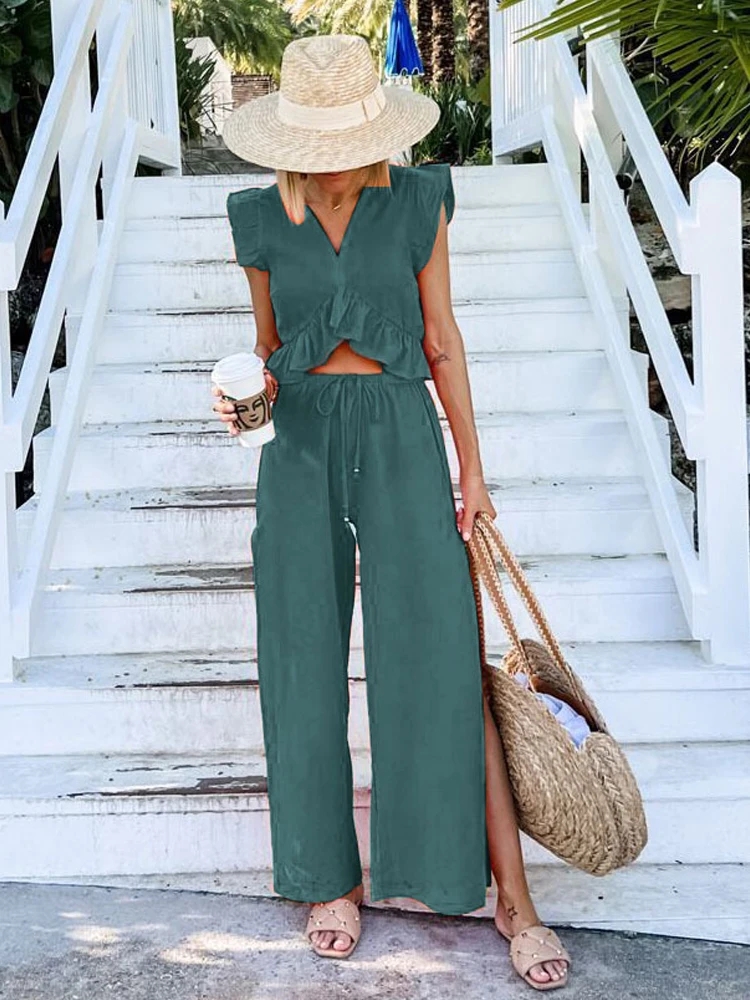 Elegant Women Two Piece Sets Fashion Flare Sleeve Sexy Blouses And Loose Split Pants Outfits Ladies Casual Solid Office Outfits
Elegant Women Two Piece Sets Fashion Flare Sleeve Sexy Blouses And Loose Split Pants Outfits Ladies Casual Solid Office Outfits