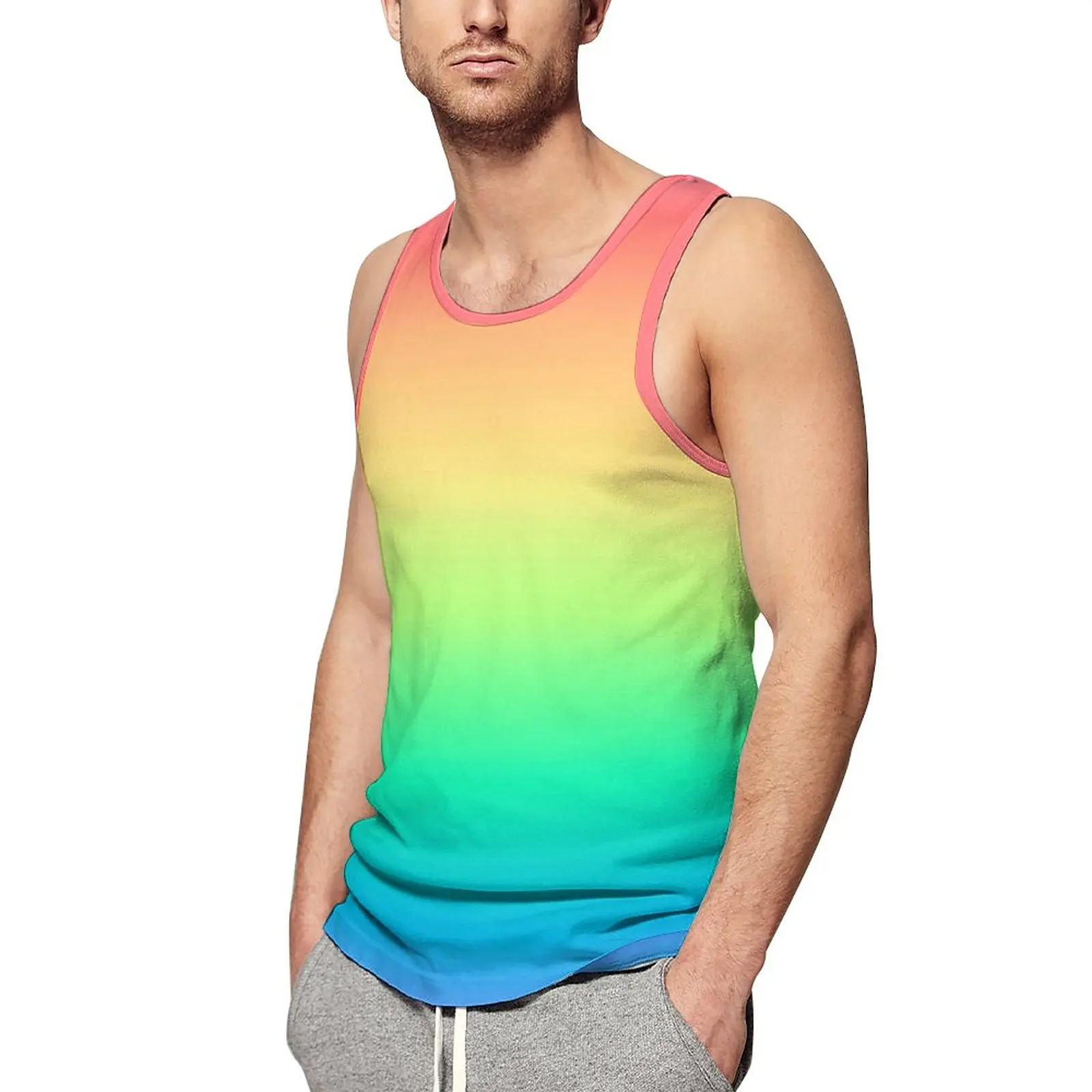 

Ombre Gradient Tank Top Men Pastel Rainbow Tops Summer Graphic Workout Muscle Oversized Sleeveless Shirts