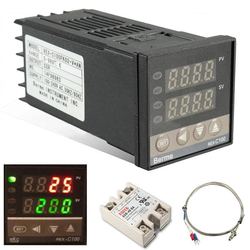 

Digital 110-240V 220V AC PID REX-C100 Temperature Controller With Max.40A SSR K Thermocouple Sensor Set LCD Display