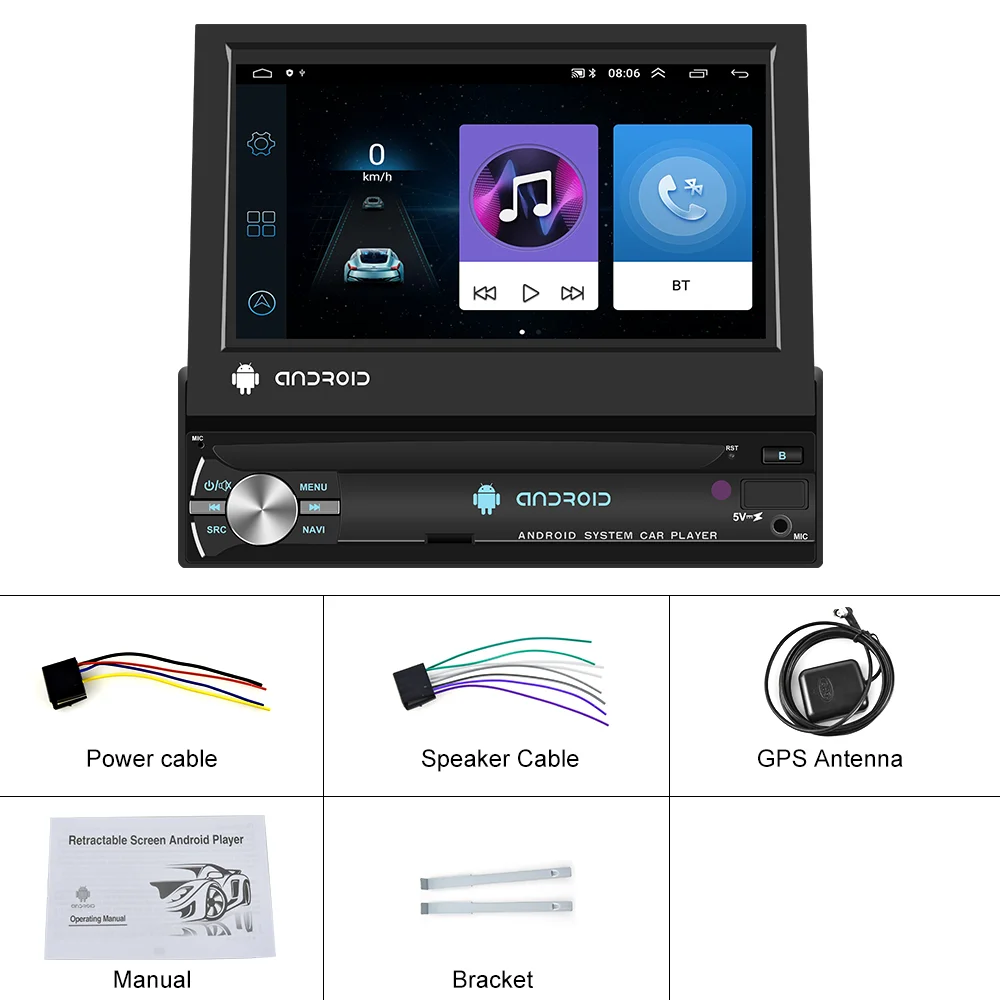 Podofo 1din Автомобильное радио CarPlay GPS навигация IPS выдвижной экран 1 Din Android 10 Мультимедийный плеер Универсальный аудио-видео.