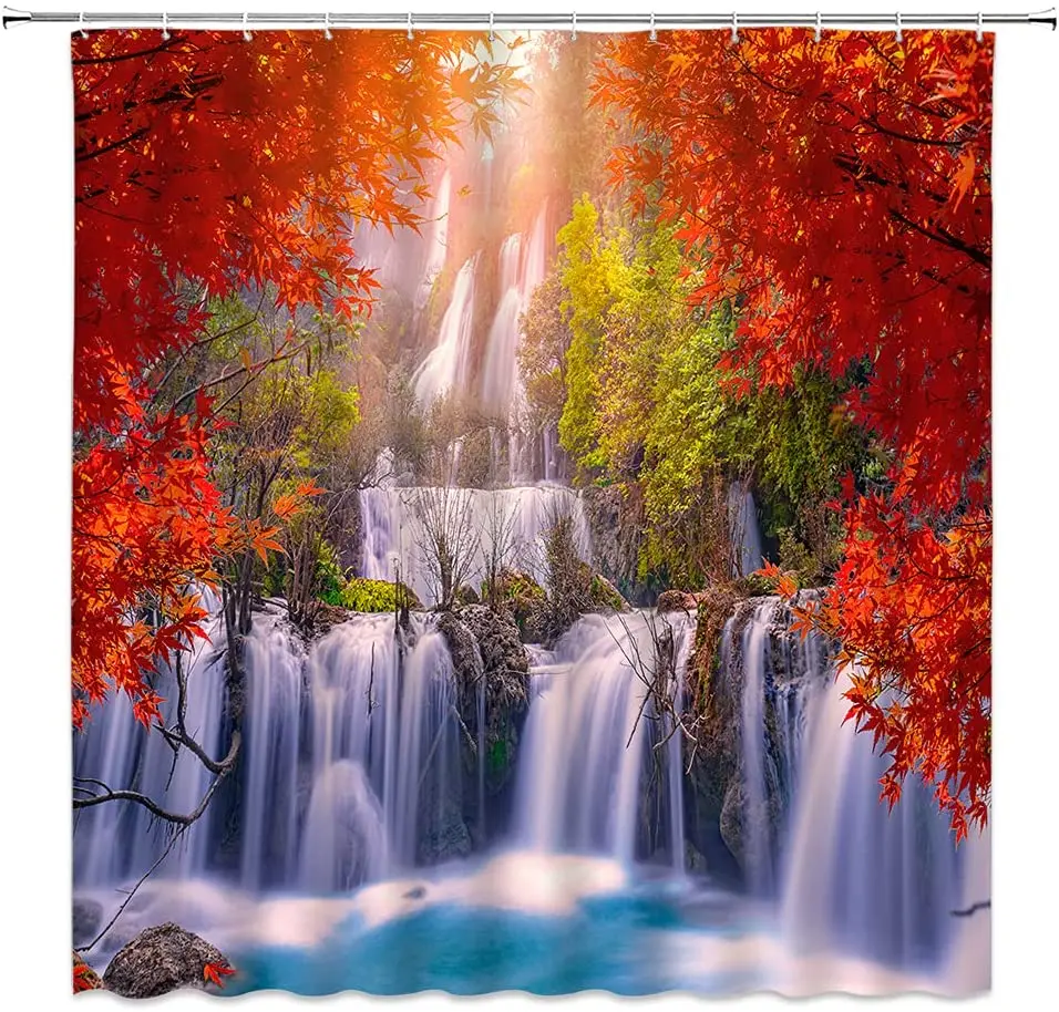 

Forest waterfall shower curtain mountain bridge rainforest green tree landscape printing waterproof polyester shower curtain