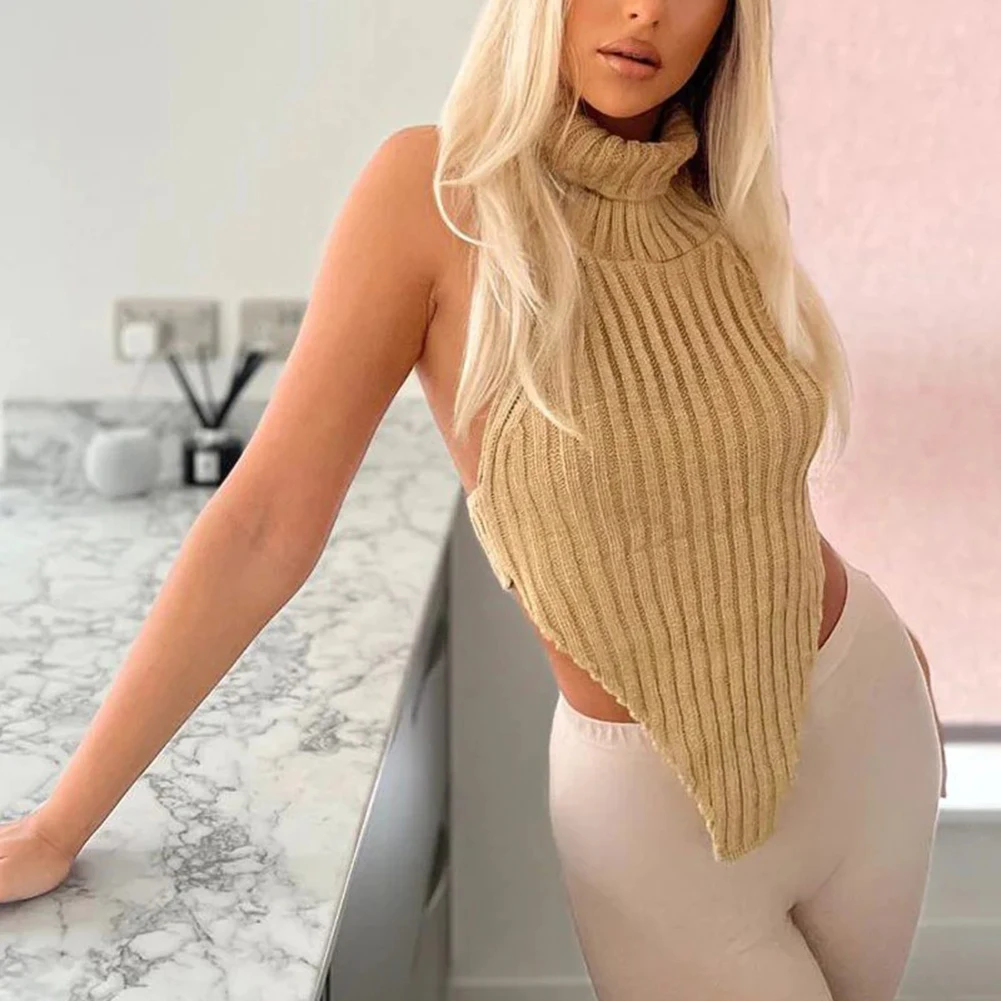 Sexy Knit Turtleneck Sweater Solid Color Backless Sleeveless Vest Hot Girl Cropped Top Vest Sweaters Pullover Clothing For Women
Sexy Knit Turtleneck Sweater Solid Color Backless Sleeveless Vest Hot Girl Cropped Top Vest Sweaters Pullover Clothing For Women