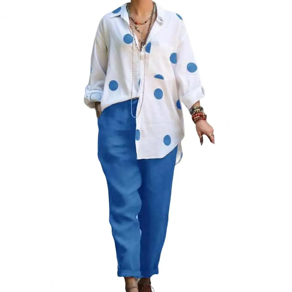 2 Pcs/Set 2 Pieces Casual Turn-down Collar Elastic Waist Long Sleeves Blouse Trousers Suit Women Tops Pants Set for Home
2 Pcs/Set 2 Pieces Casual Turn-down Collar Elastic Waist Long Sleeves Blouse Trousers Suit Women Tops Pants Set for Home