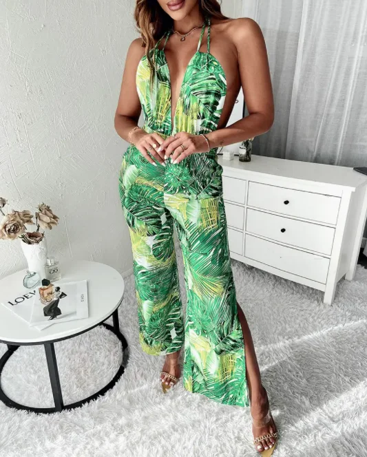 2022 Summer New Sexy V Neck Sleeveless Tropical Print Jumpsuit for Women High Waist Split Halter Backless Jumpsuits
2022 Summer New Sexy V Neck Sleeveless Tropical Print Jumpsuit for Women High Waist Split Halter Backless Jumpsuits