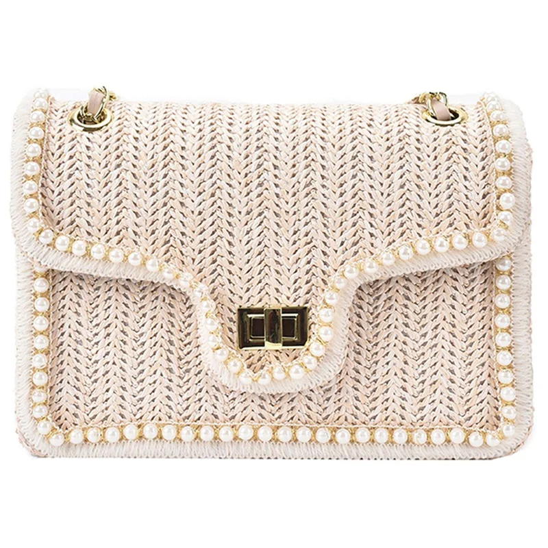 NEW-Crossbody Bag Summer Handbag Straw Pearl Women Designer Handbag Pearl Chain Shoulder Bag Handbag Color: Beige 
NEW-Crossbody Bag Summer Handbag Straw Pearl Women Designer Handbag Pearl Chain Shoulder Bag Handbag Color: Beige
