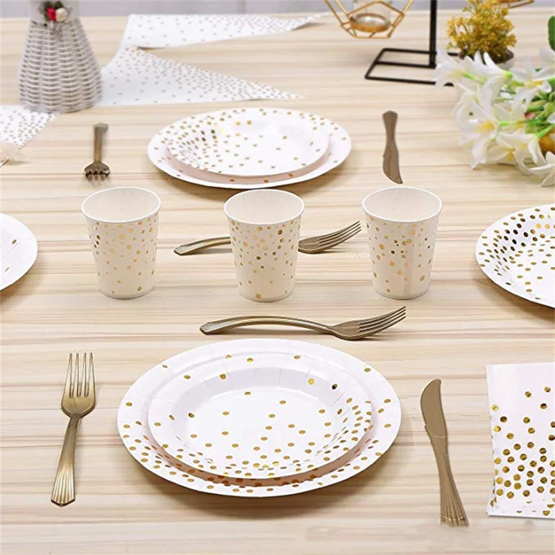 White Color Gold Dot Birthday Party Decoration Tableware Set Paper Cup Plate Disposable Tableware Wedding party Supplies Set
White Color Gold Dot Birthday Party Decoration Tableware Set Paper Cup Plate Disposable Tableware Wedding party Supplies Set