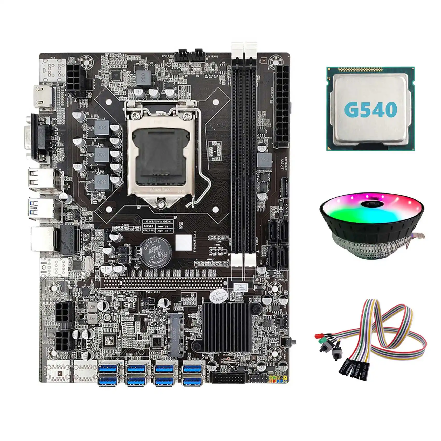 B75 ETH Mining Motherboard 8XPCIE to USB+G540 CPU+Dual Switch Cable with Light+RGB Fan LGA1155 B75 USB Miner Motherboard
B75 ETH Mining Motherboard 8XPCIE to USB+G540 CPU+Dual Switch Cable with Light+RGB Fan LGA1155 B75 USB Miner Motherboard