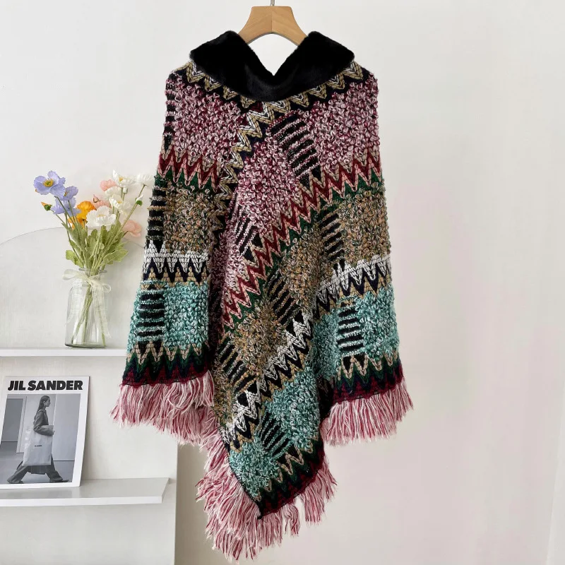 

Autumn Winter Capes National Knitted Cloak Women New Pullover Cloak Tassel Warm Shawl Imitation Wool Collar Ponchos Pink Cape
