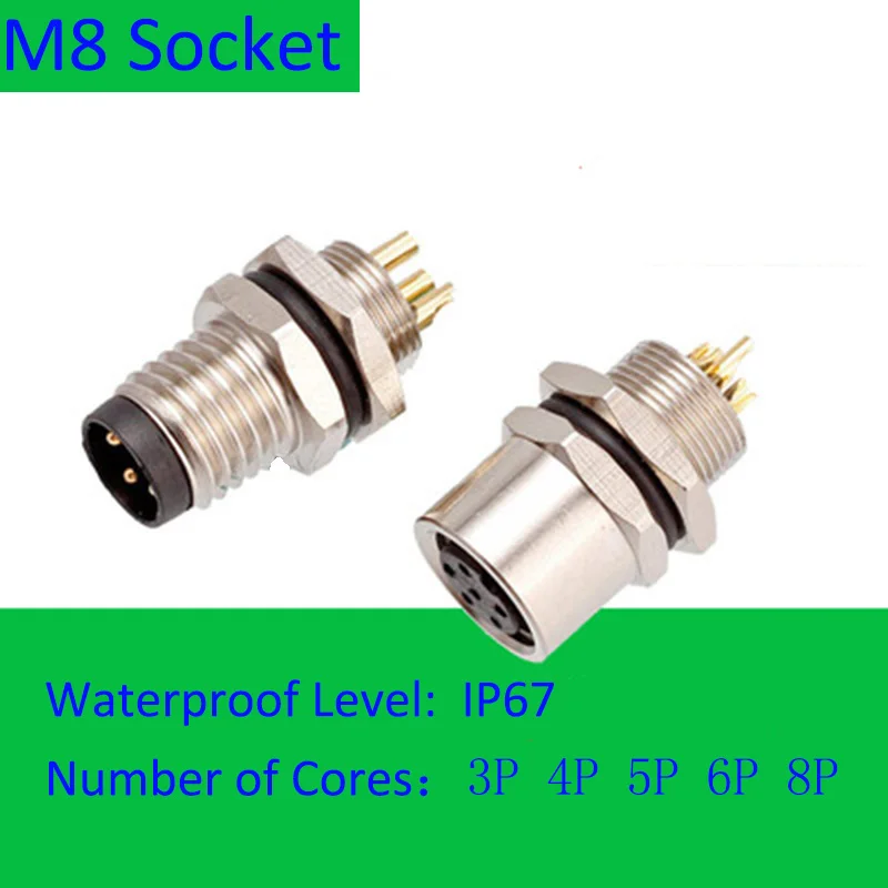 

M8 3P 4P 5P 6P 8Pin Waterproof IP67 Aviation Male Female Fixed Socket Front Panel Rear Panel Lnstall Cable Welding Connector