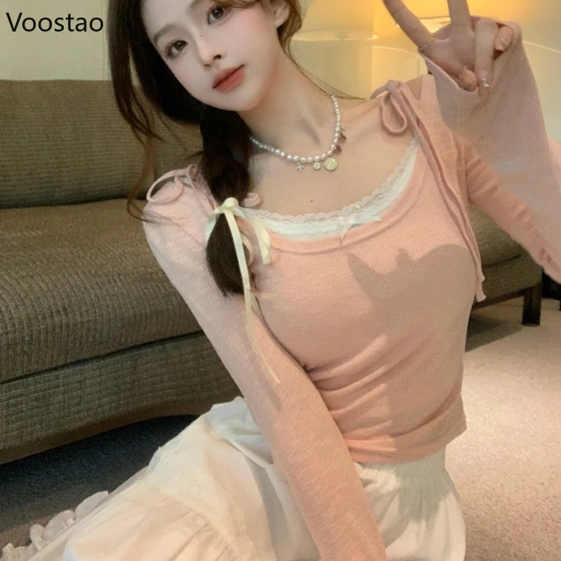 Autumn Sweet Lace-up Slash Neck T-shirt Pink Kawaii Long Sleeve Tops Spring Casual Y2K Aesthetic Tees Korean Cute Clothes 2023
Autumn Sweet Lace-up Slash Neck T-shirt Pink Kawaii Long Sleeve Tops Spring Casual Y2K Aesthetic Tees Korean Cute Clothes 2023