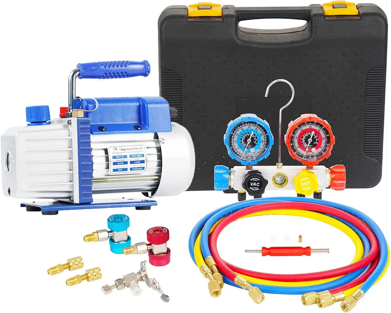 1/3HP Single Stage Vacuum and 4-Way Manifold Gauge Set for R410a, R22, R134A, R404A Refrigerants for HVAC A/C Refrigeration Rec
1/3HP Single Stage Vacuum and 4-Way Manifold Gauge Set for R410a, R22, R134A, R404A Refrigerants for HVAC A/C Refrigeration Rec