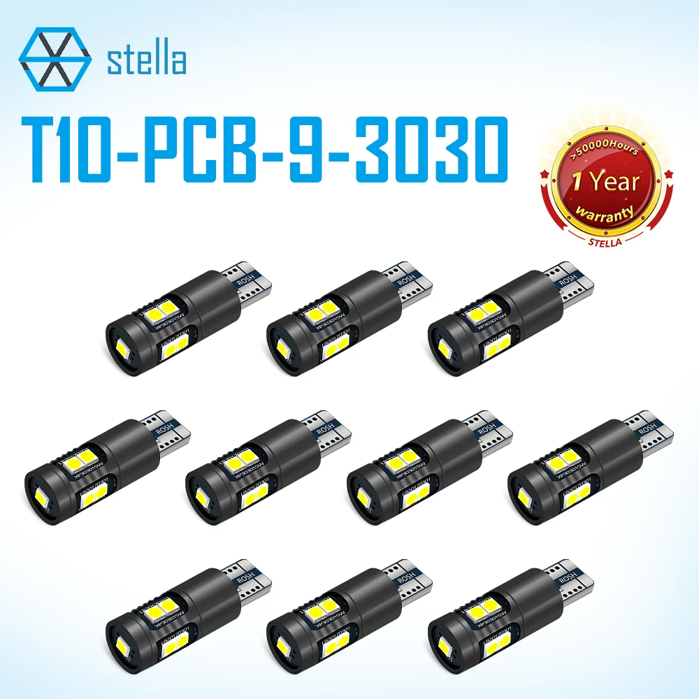 

Stella 10 LED T10 W5W 168 192 194 501 High Bright Canbus Bulb 9SMD 3030 Chip 6000K White Light for 12/24V Car Reading Stop Light