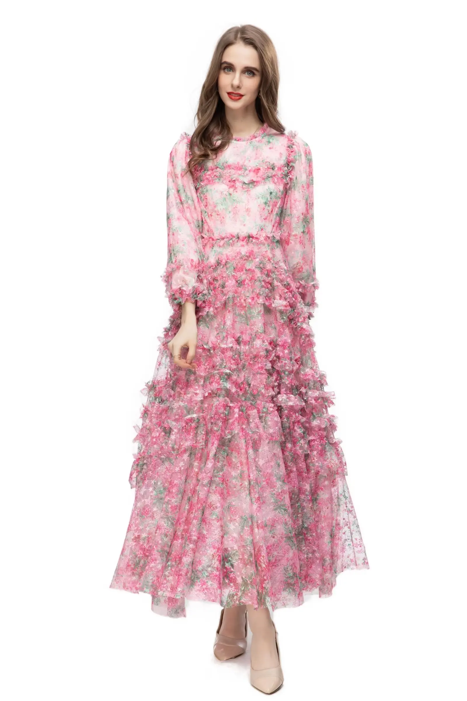 

Flowery Tuxedo 2023 Spring And Summer Women's Long-Sleeved Gauze Floral Halo-Dyed Printed Fungus Layer Dress