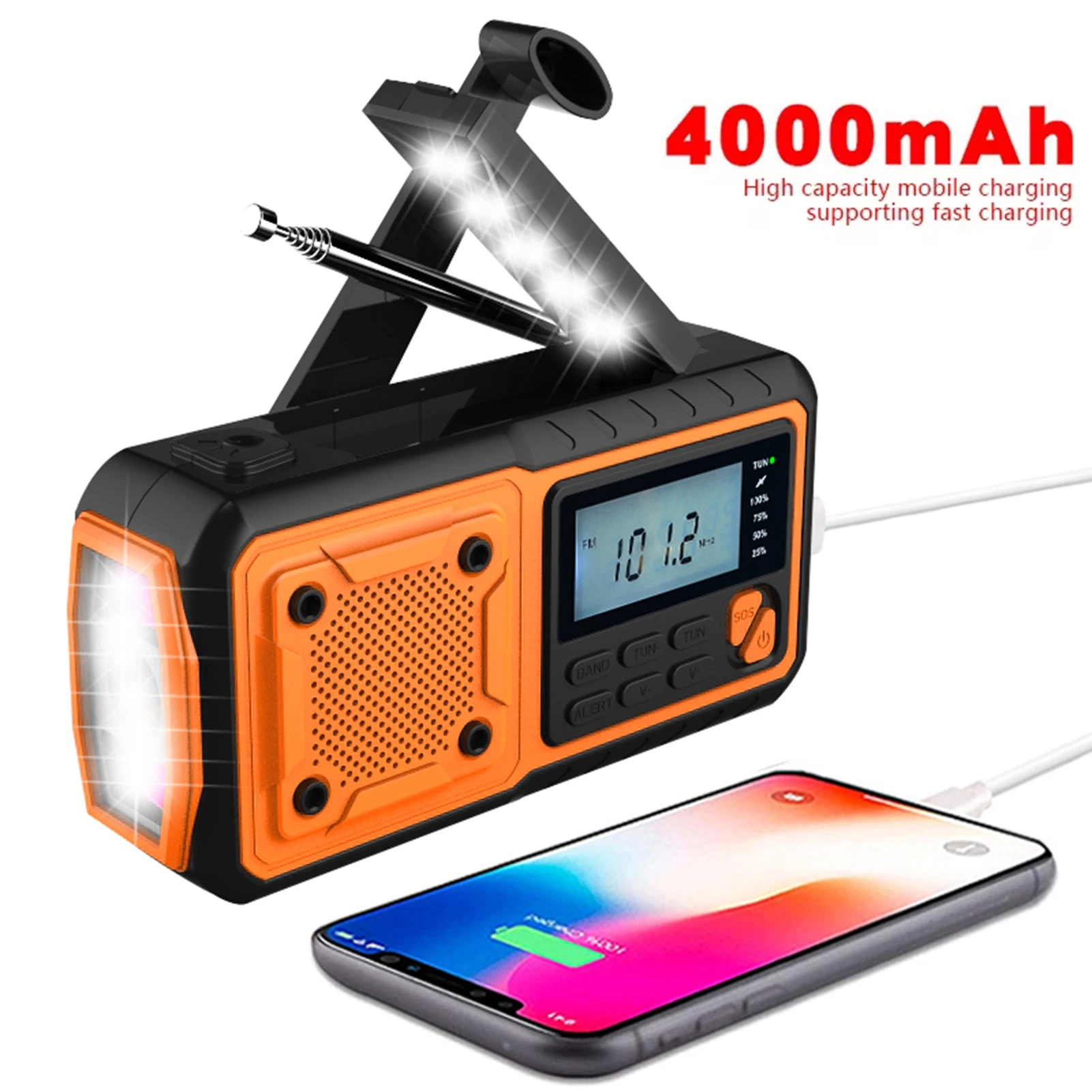 4000mAh Emergency Weather Radio Solar Hand Crank RADIO Receiver Portable AM/FM/WB Multifunctional Radio With LED SOS Alarm
4000mAh Emergency Weather Radio Solar Hand Crank RADIO Receiver Portable AM/FM/WB Multifunctional Radio With LED SOS Alarm
