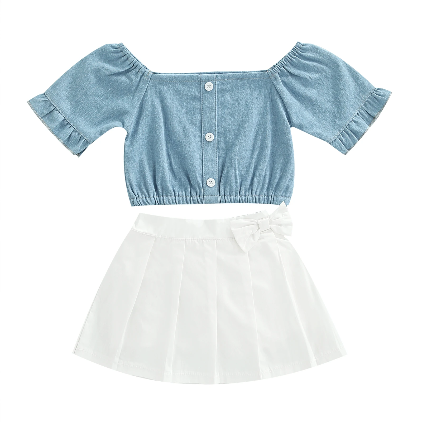2Pcs Little Girls Casual Outfit, Toddlers Summer Solid Color Off Shoulder Lace Short Sleeve Tops + Bow Pleated Half Skirt
2Pcs Little Girls Casual Outfit, Toddlers Summer Solid Color Off Shoulder Lace Short Sleeve Tops + Bow Pleated Half Skirt