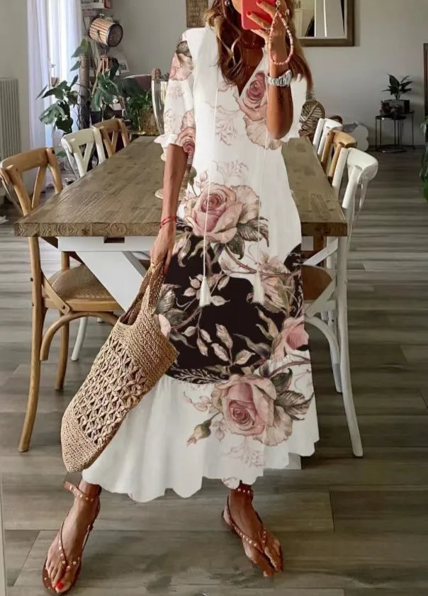 2023 Summer Bohemian Women's Long Dress Print V-neck Short Sleeve Drawstring Casual Dresses Female Elegant Beach Clothes Ladies
2023 Summer Bohemian Women's Long Dress Print V-neck Short Sleeve Drawstring Casual Dresses Female Elegant Beach Clothes Ladies