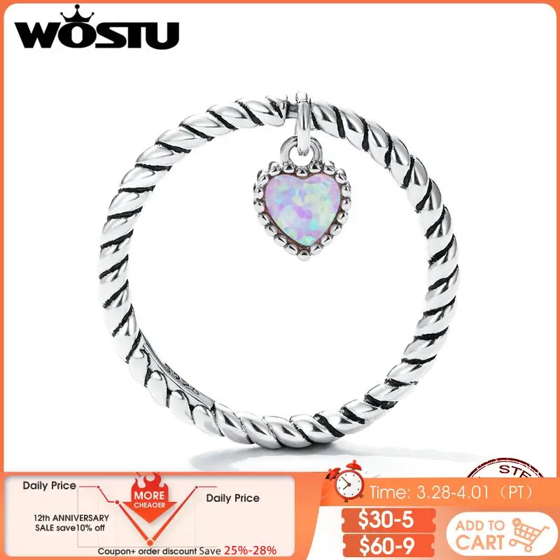 

WOSTU 925 Sterling Sliver 5MM Heart Sweet Pink Opal Ring For Women Simple Vintage Twist Ring Anniversary Fine Jewelry Gift R807