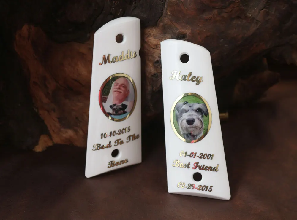 Ksd Colt / Other 1911's Model Full Size Compatible White Acrylic Grip for Replacement (Custom Name & Picture on brass)
Ksd Colt / Other 1911's Model Full Size Compatible White Acrylic Grip for Replacement (Custom Name & Picture on brass)