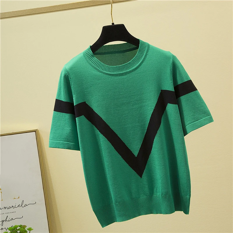 2022 Summer Short Sleeve T Shirt Women Contrast Color Loose Knitted Tops Pullover O-Neck All-match Woman Clothes Tee Shirt Femme
2022 Summer Short Sleeve T Shirt Women Contrast Color Loose Knitted Tops Pullover O-Neck All-match Woman Clothes Tee Shirt Femme