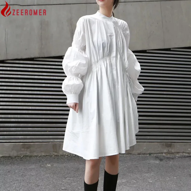

2022 Autumn New Japanese Fashion Lrregular Stand Collar Long Sleeve White Pleated Big Swing Shirt Dress Women Blouse Casual