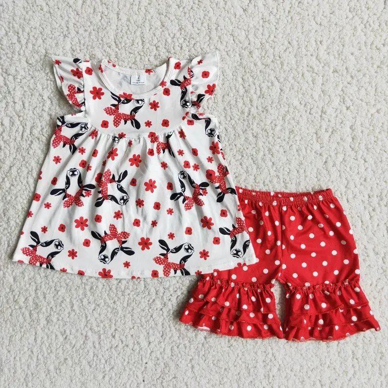 

RTS Boutique Children Clothes Cow Floral Flutter Sleeve Top White Dots Red Ruffles Summer Girls Shorts Kids Clothing Sets