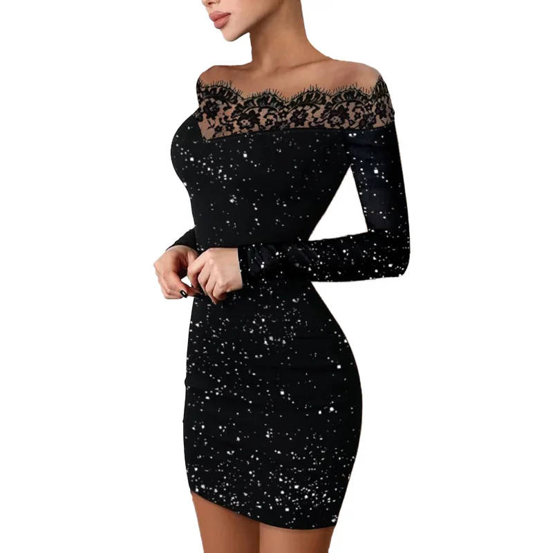 Sexy Party Night Out Dresses for Women 2023 Autumn Plain Black Off Shoulder Long Sleeve Contrast Lace Glitter Bodycon Mini Dress
Sexy Party Night Out Dresses for Women 2023 Autumn Plain Black Off Shoulder Long Sleeve Contrast Lace Glitter Bodycon Mini Dress