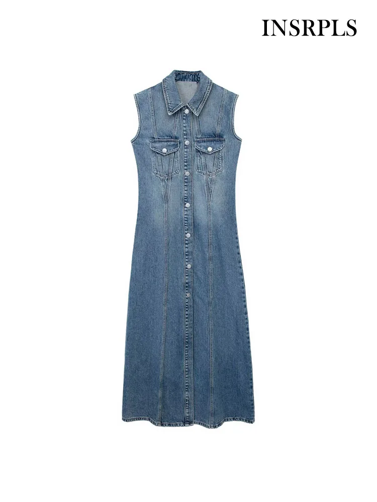 Женское джинсовое платье-миди с карманами, воротником с лацканами и пуговицами спереди
Женское джинсовое платье-миди с карманами, воротником с лацканами и пуговицами спереди