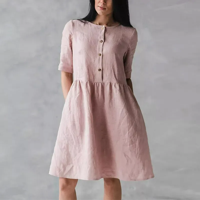 2023 Summer Cotton Linen Women's Dress Oversize A-line O-neck Button Dresses Female Elegant Vintage Loose Casual Ladies Clothes
2023 Summer Cotton Linen Women's Dress Oversize A-line O-neck Button Dresses Female Elegant Vintage Loose Casual Ladies Clothes