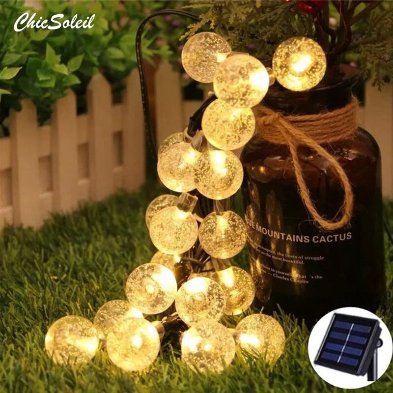 

Светодиодная гирлянда на солнечной батарее, уличсветильник садовый шнурок с лампочками в виде хрустальных шаров для свадебной вечеринки, ...