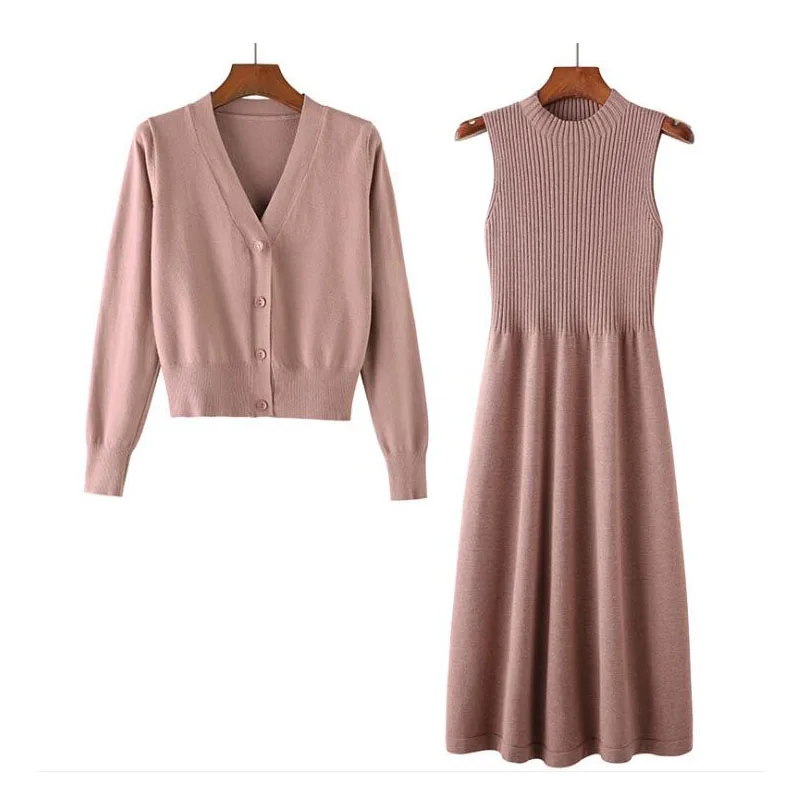 Women Casual Knitted Sweaters Coat+O-Neck Vertical Stripes Sleeveless Dress Two Pieces Suit Solid Knitwear Cardigans Sets Femme
Women Casual Knitted Sweaters Coat+O-Neck Vertical Stripes Sleeveless Dress Two Pieces Suit Solid Knitwear Cardigans Sets Femme