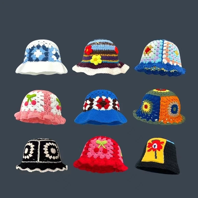 

2022 New Korean-Japanese Hand Buckle Crochet Bucket Hat Spring and Autumn Winter Sun Hat Female Cherry Designer Bob Basin Hat