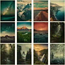 Nordic Nature Landscape Retro Kraft Paper Painting Mountain Beach Sunset Poster Aesthetic Wall Art Print Art Picture Home Decor