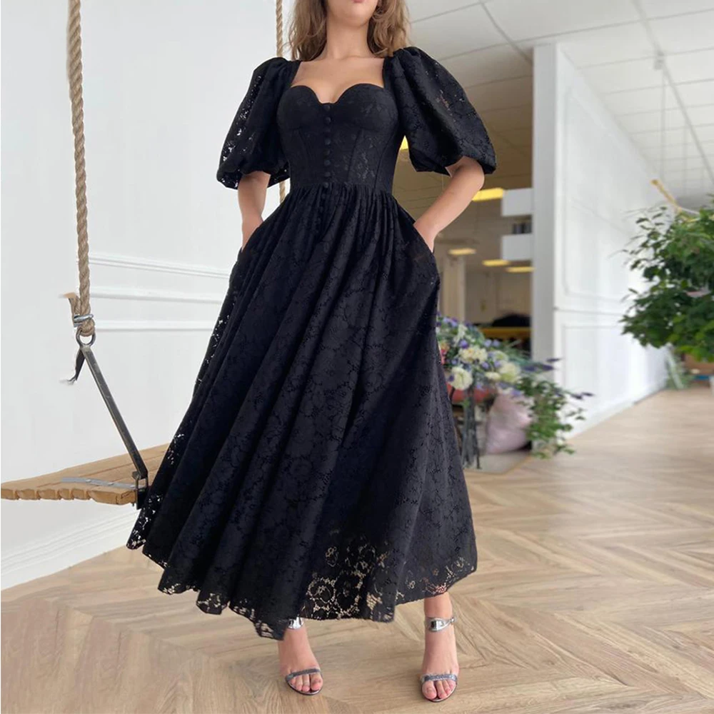Exquisite Black Tea Length Lace Evening Dresses Formal Sweetheart Corset A-Line Prom Dresses with Sashes Puff Half Sleeves
Exquisite Black Tea Length Lace Evening Dresses Formal Sweetheart Corset A-Line Prom Dresses with Sashes Puff Half Sleeves