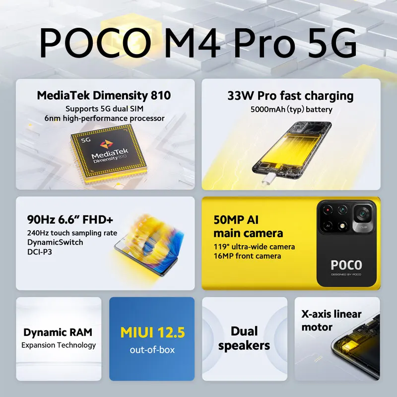 Глобальная версия POCO M4 Pro 5G 90Hz 6 "FHD + Dot Display Dimensity 810 33W быстрая зарядка Android камера