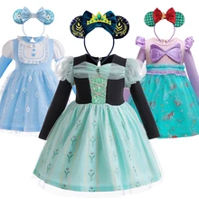 Little Girl Cotton Long Sleeve Cinderella Elsa Mermaid Anna Princess Dress for Kids Halloween Christmas Party Masquerade Gowns