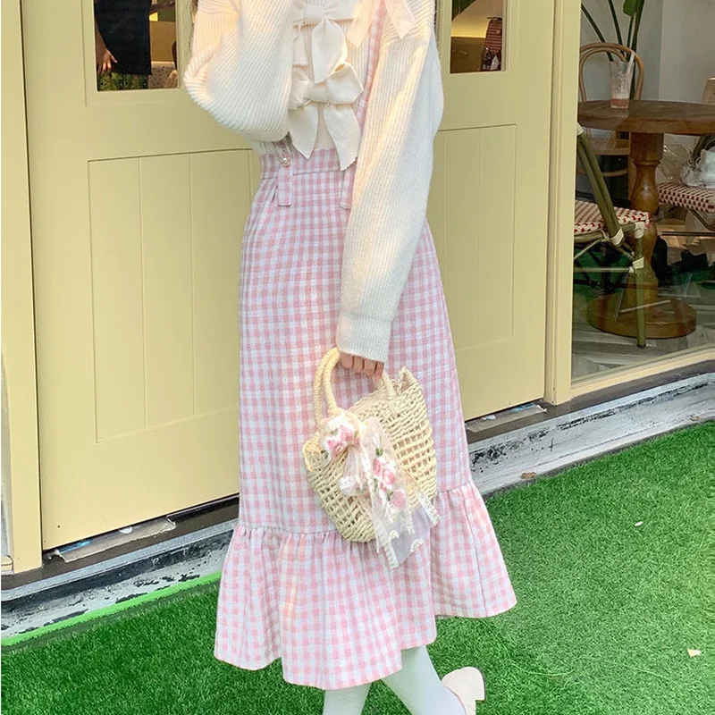 Kawaii Woolen Pink Plaid Mermaid Skirt Women Autumn Japanese Sweet Elegant High Waist Slim Strap Long Skirts Soft Girl
Kawaii Woolen Pink Plaid Mermaid Skirt Women Autumn Japanese Sweet Elegant High Waist Slim Strap Long Skirts Soft Girl