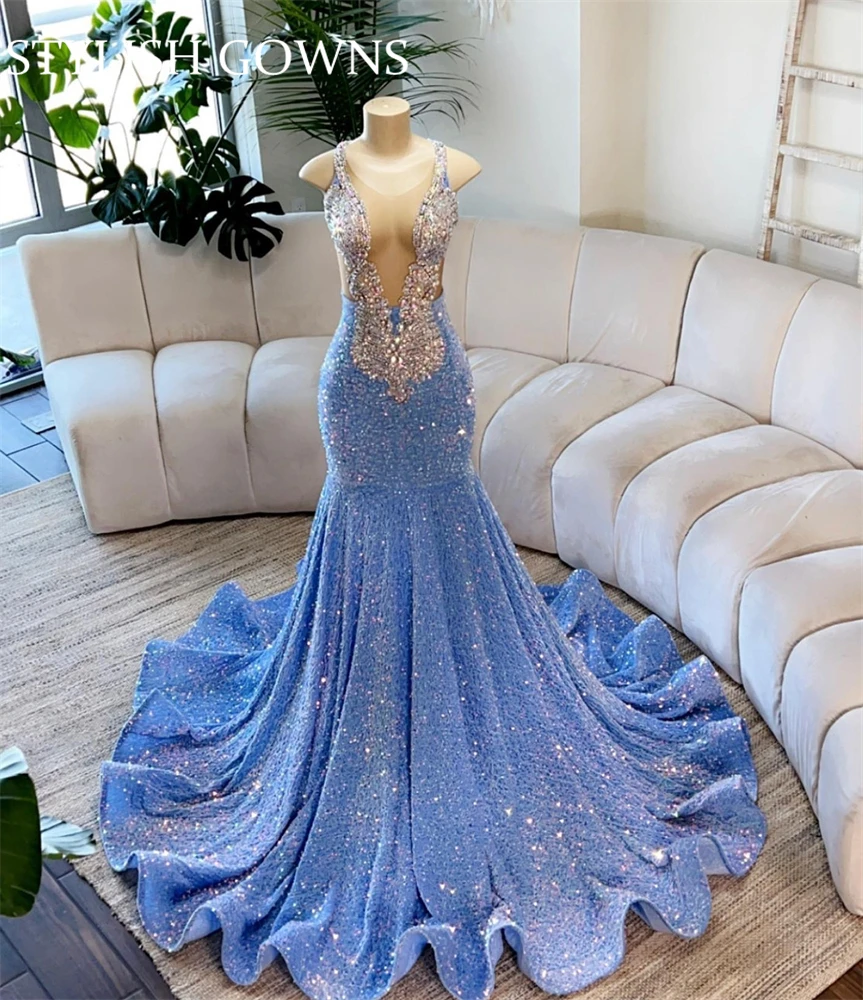 

Sky Blue Sheer O Neck Long Prom Dress For Black Girls Beaded Crystal Diamond Birthday Party Dresses Sparkly Sequined Evening