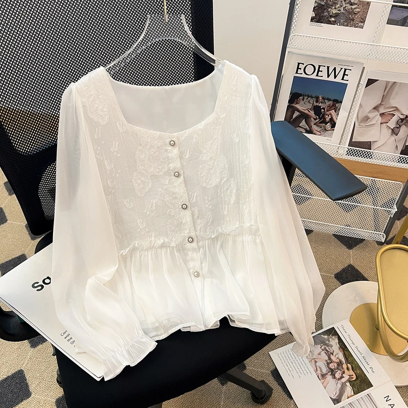 Autumn Women's Long Sleeve Square Neck French Flare Sleeve Solid Elegant Embroidery Versatile Chiffon Shirt Blouse Tops A361
Autumn Women's Long Sleeve Square Neck French Flare Sleeve Solid Elegant Embroidery Versatile Chiffon Shirt Blouse Tops A361
