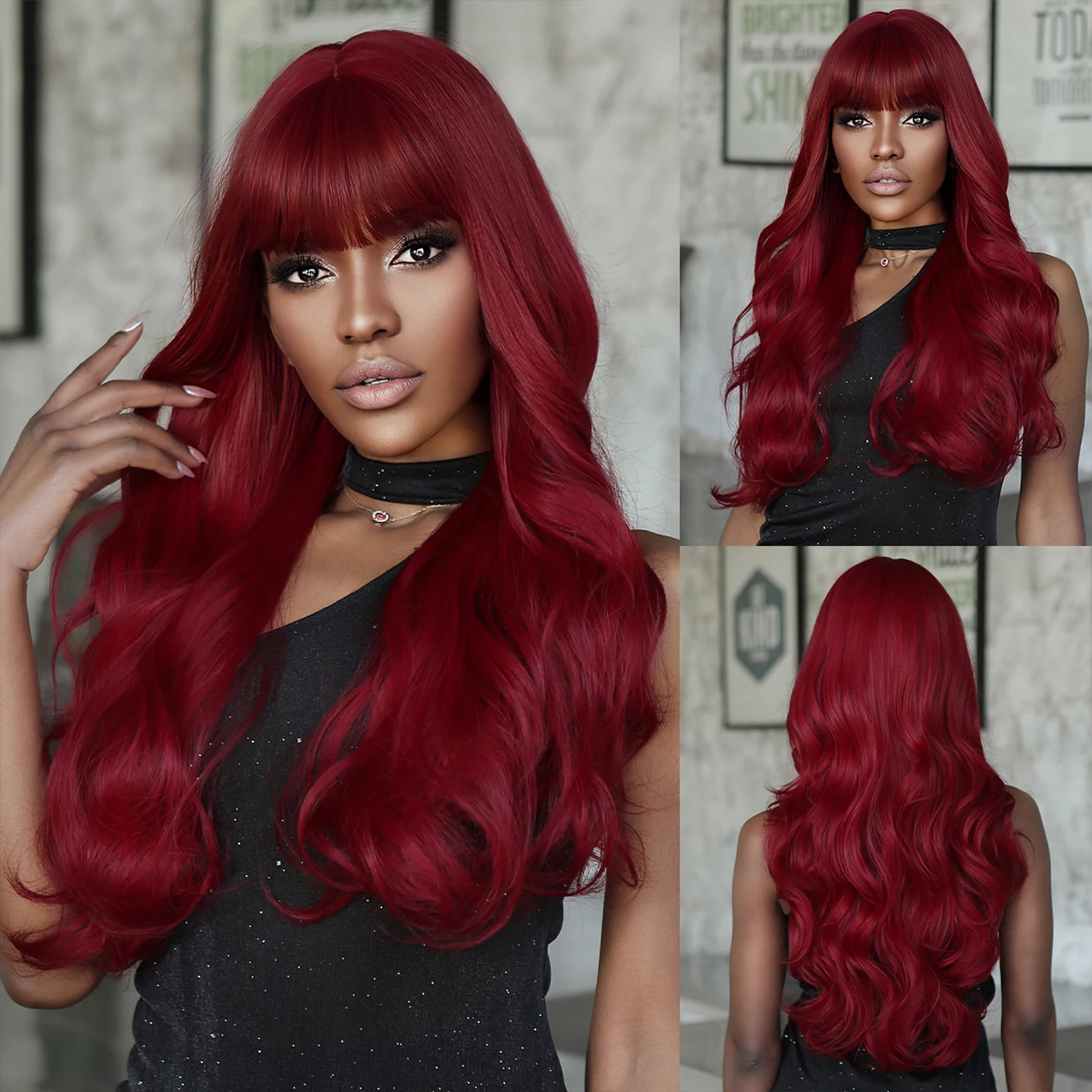 

Red Long Wavy Synthetic Wig Curly Wine Burgundy Red Wigs for Women Afro Cosplay Party Natural Hair With Bangs Heat Resistant Wig
