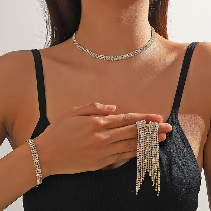 Elegant Tassel Crystal Bridal Jewelry Sets Women Girls Choker Necklace Earrings Bracelet Ring Wedding Jewelry Accessories
Elegant Tassel Crystal Bridal Jewelry Sets Women Girls Choker Necklace Earrings Bracelet Ring Wedding Jewelry Accessories