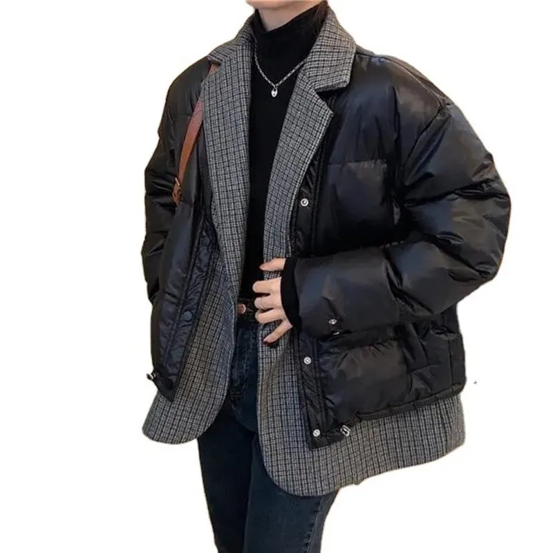 Fake Two Piece Plaid Stitching Black Cotton Jacket Women's Autumn Winter New Outerwear Lapel Long Sleeve Loose Coat Female
Fake Two Piece Plaid Stitching Black Cotton Jacket Women's Autumn Winter New Outerwear Lapel Long Sleeve Loose Coat Female